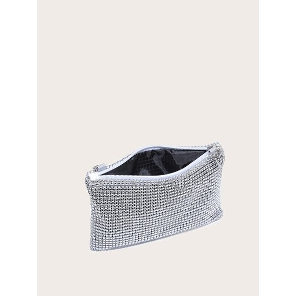 ⚡ Women's Mini Silver Shiny Glitter Rhinestone Square Sparkle Evening Clutch Bag - Picture 5 of 7